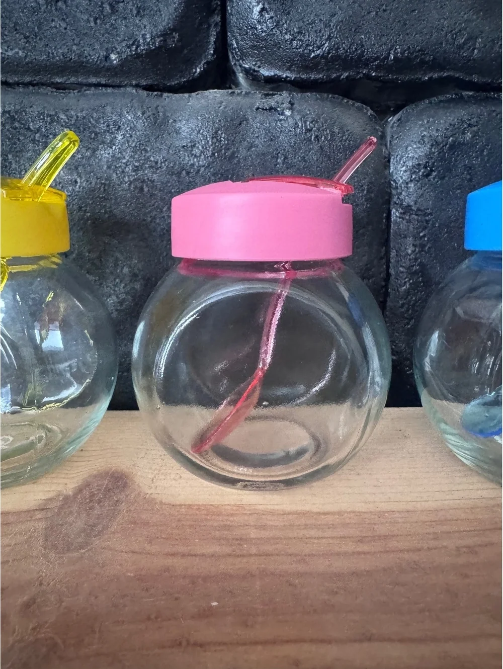 Set of 3 Glass Jars with Colored Lids and Spoons